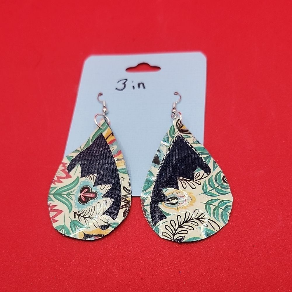 Hand Crafted Dangle Earring Faux Leather Black and Green Artistic Statement
